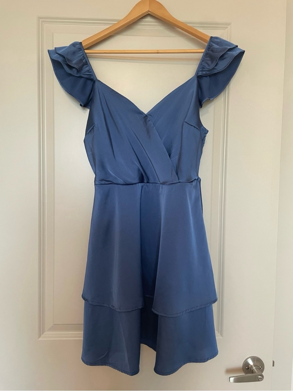 Altar'd State Slate Blue Ruffle-Sleeve Mini Dress